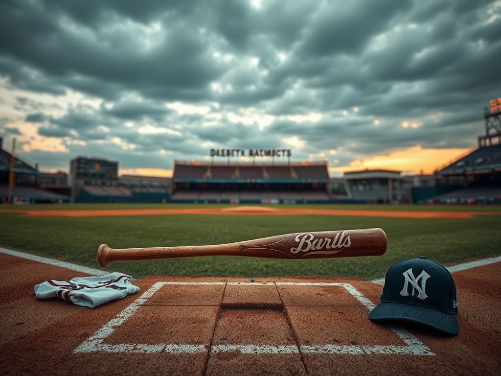 Flick International Weathered baseball bat resting against a rusty dugout on an empty baseball diamond
