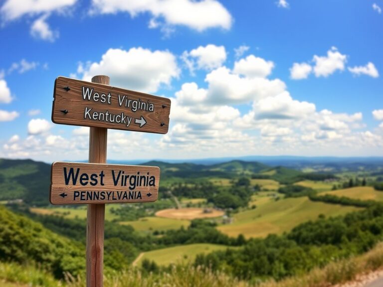Flick International Panoramic landscape of West Virginia with rolling hills and a rustic signpost symbolizing migration