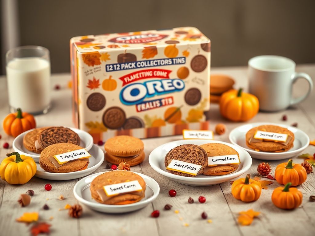 Flick International A whimsical still life of Thanksgiving-themed Oreo cookies in a 12-pack collector's tin