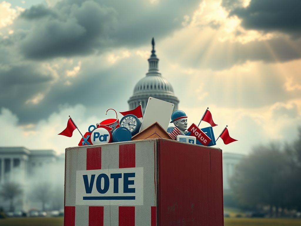 Flick International Conceptual representation of a political campaign scene with a ballot box and U.S. Capitol backdrop