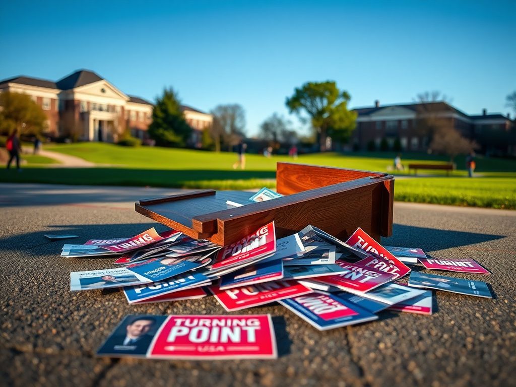 Flick International Overturned Turning Point USA table on University of Iowa campus