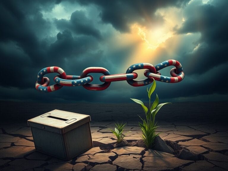 Flick International Dynamic abstract representation of political landscape with a broken chain of Republican and Democratic icons