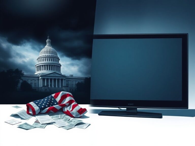 Flick International A split-screen view depicting the chaotic Capitol building scene amidst storm clouds contrasted with a blank television screen symbolizing vague media coverage.