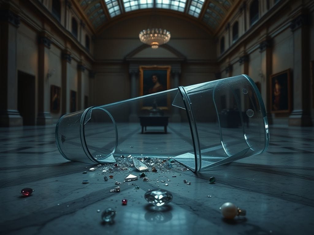 Flick International Shattered glass display case in the Louvre Museum amidst scattered jewelry remnants