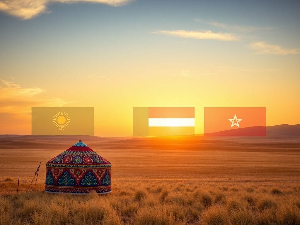 Flick International A symbolic landscape of Kazakhstan joining the Abraham Accords at dawn, featuring a yurt and flags of UAE, Bahrain, and Morocco.