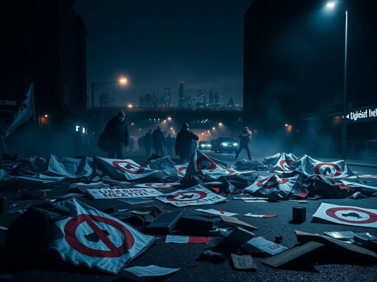 Flick International Urban protest scene at night with discarded signs and banners