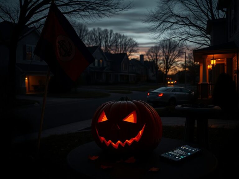 Flick International Dark suburban street at dusk with ominous pumpkin and symbol flag