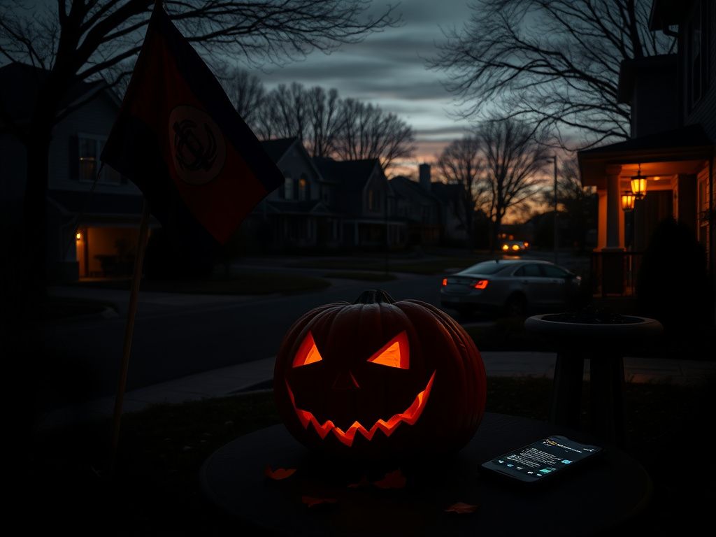 Flick International Dark suburban street at dusk with ominous pumpkin and symbol flag