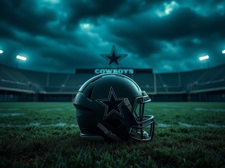 Flick International A football helmet bearing the Dallas Cowboys logo sits on a dimly lit field, representing Quinnen Williams' transition from the Jets.