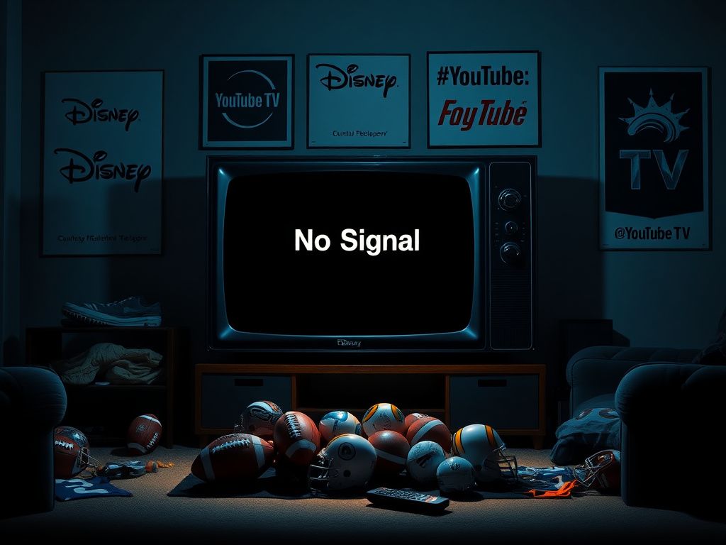 Flick International A vintage television set displaying a 'No Signal' message surrounded by sports memorabilia, representing frustration over the blackout.