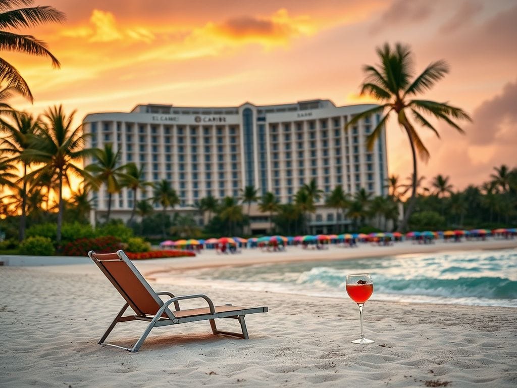 Flick International Luxurious beachside view of the El Caribe Hilton in San Juan, Puerto Rico, featuring palm trees and ocean waves.
