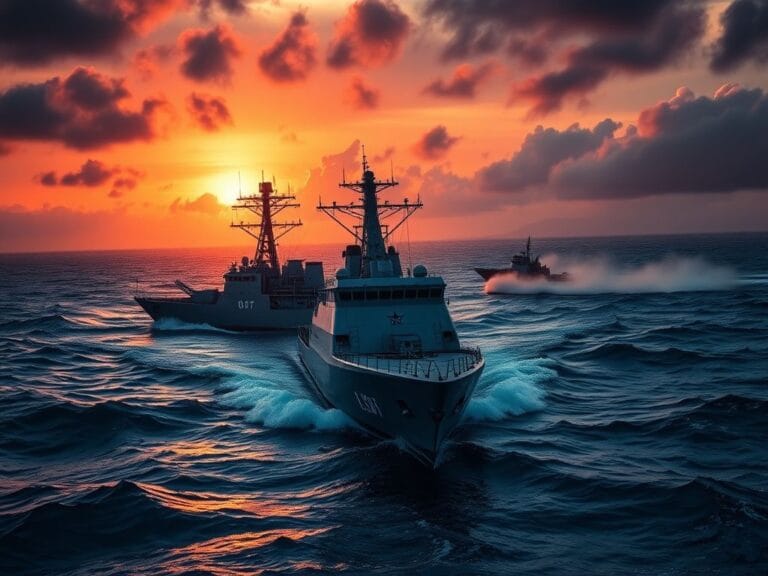 Flick International U.S. Navy ship conducting a narcotics operation in the Caribbean amidst choppy waters and a dramatic sunset.