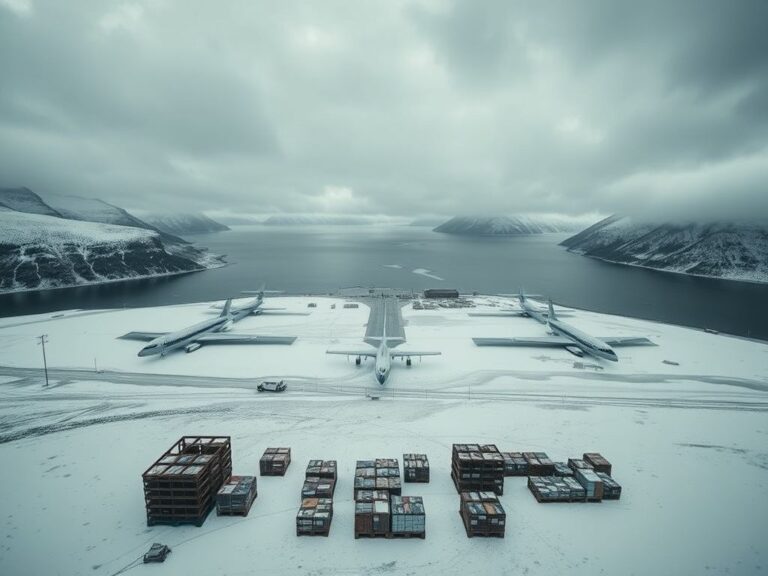 Flick International Aerial view of an isolated Alaskan village surrounded by mountains and water, showcasing grounded cargo planes and untouched supplies in a snowy landscape.