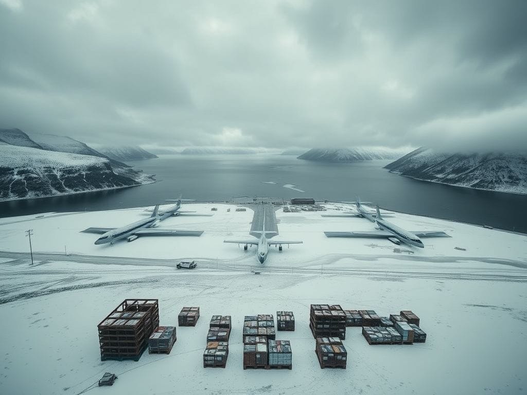 Flick International Aerial view of an isolated Alaskan village surrounded by mountains and water, showcasing grounded cargo planes and untouched supplies in a snowy landscape.