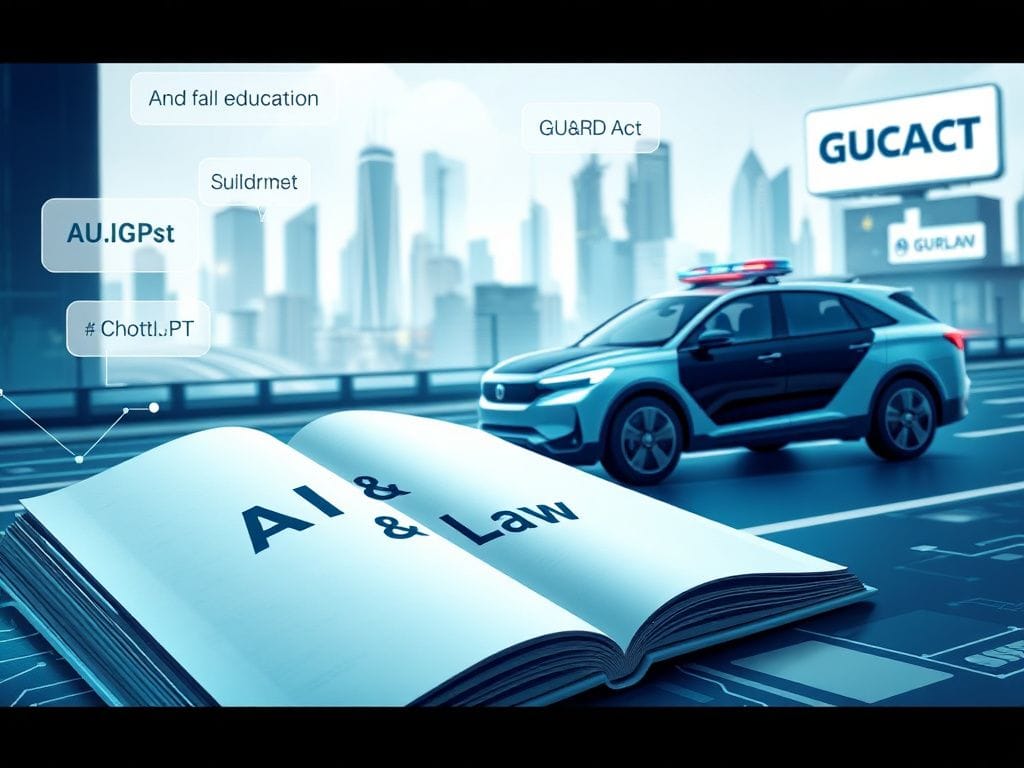 Flick International Futuristic law school scene with AI elements and self-driving police SUV