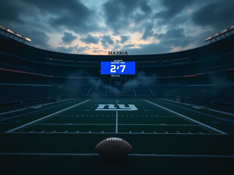 Flick International Dimly lit football stadium at dusk featuring the New York Giants logo on an empty field