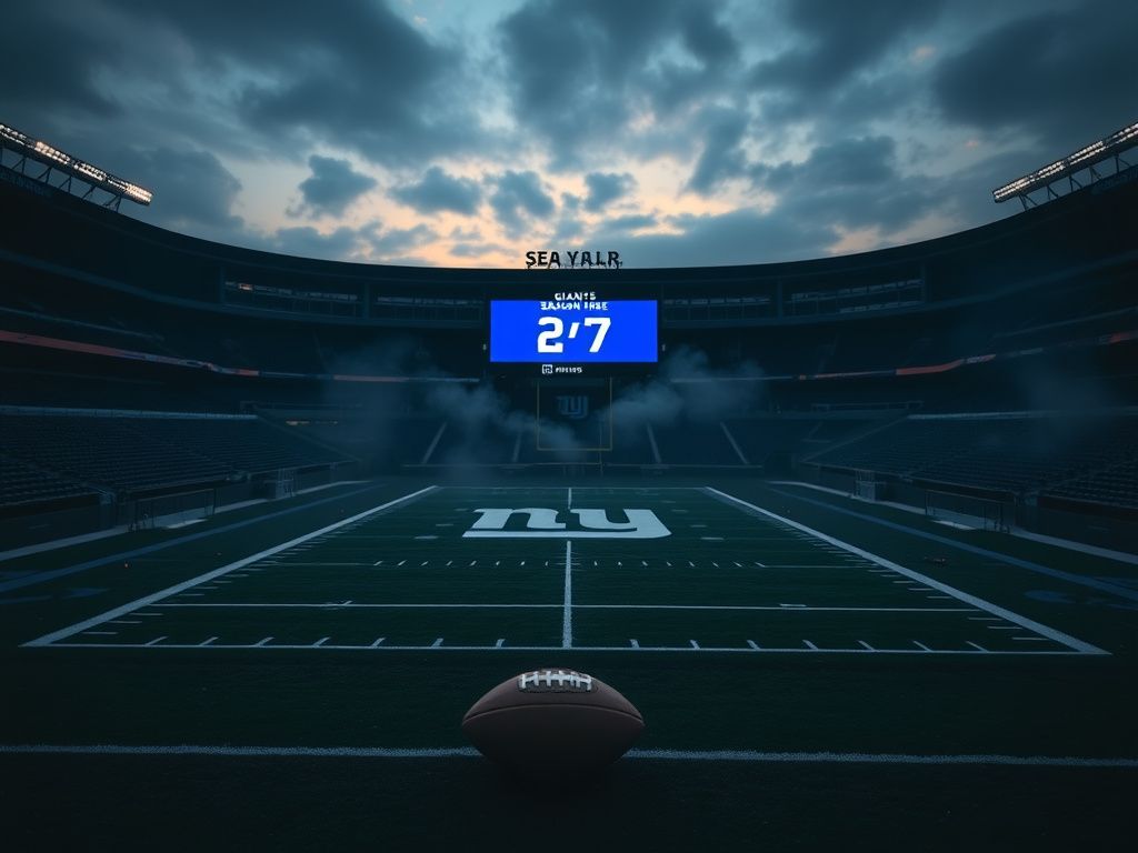 Flick International Dimly lit football stadium at dusk featuring the New York Giants logo on an empty field