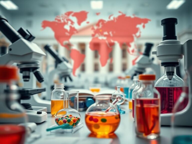 Flick International Abstract representation of a laboratory environment with research equipment and a blurred university building in the background.