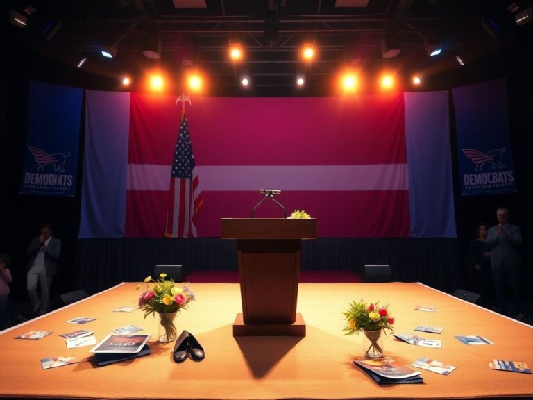 Flick International Empty campaign stage with American flag backdrop and podium ready for speaker