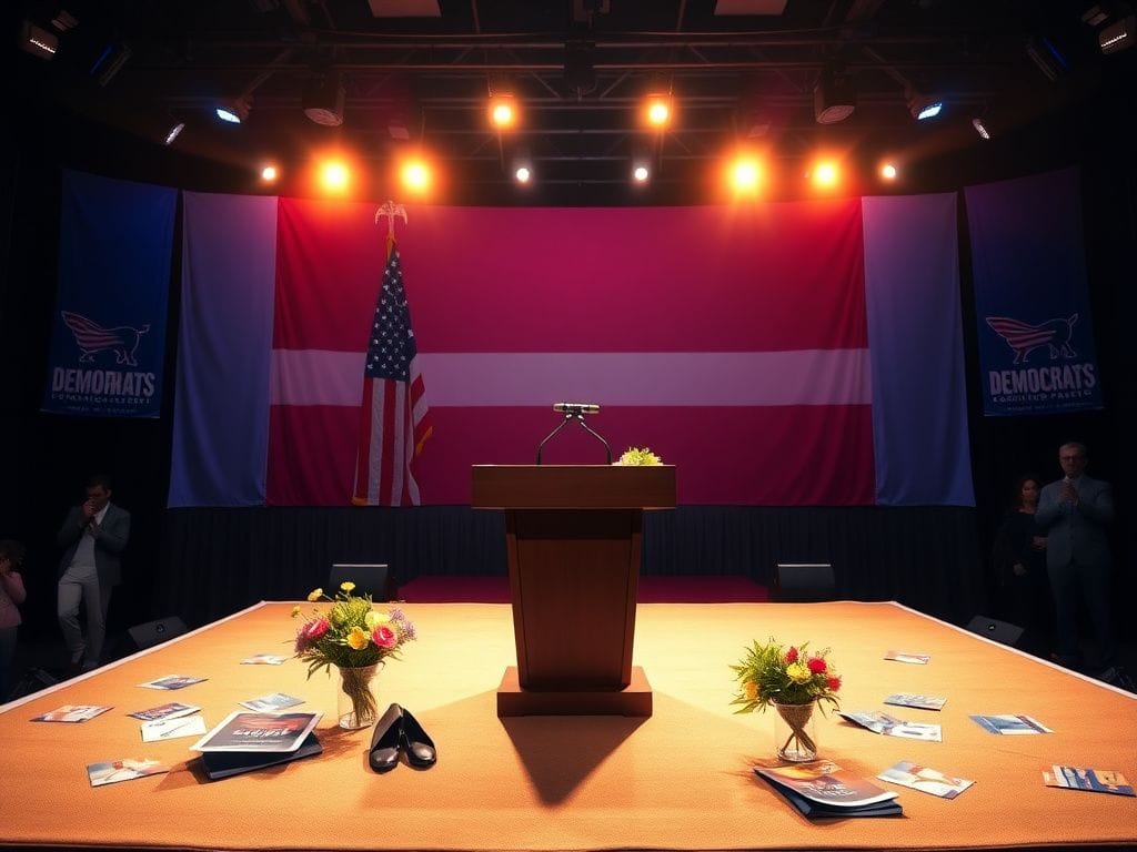 Flick International Empty campaign stage with American flag backdrop and podium ready for speaker