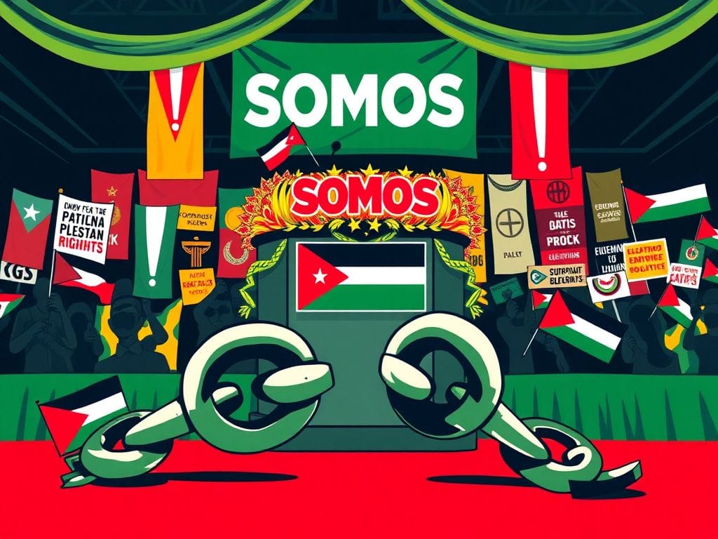 Flick International A vibrant scene at the SOMOS political conference in Puerto Rico featuring a stylized podium and symbols of solidarity.