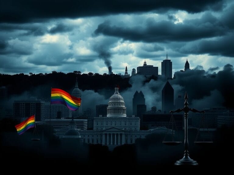 Flick International Stormy cityscape of Richmond, Alexandria, and Arlington, Virginia, with DEI symbols amid government buildings