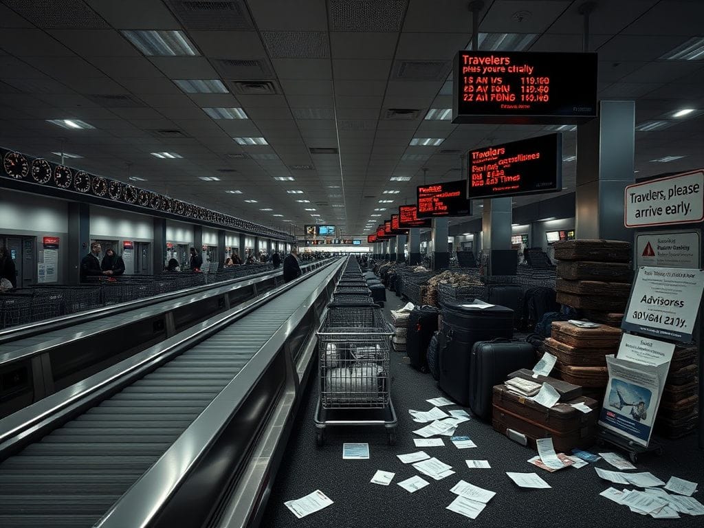 Flick International Bustling airport scene with empty conveyor belts and unattended luggage carts at TSA checkpoint during government shutdown