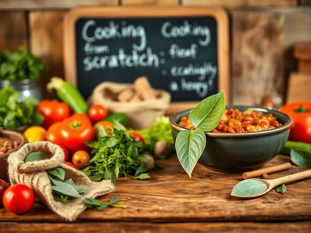 Flick International A rustic wooden table filled with fresh cooking ingredients including bay leaves, vegetables, and spices.