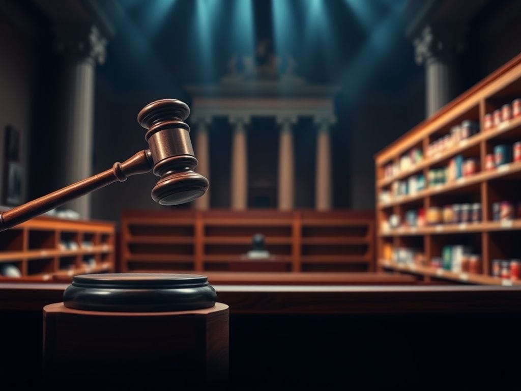 Flick International Dramatic courtroom scene with gavel and empty food pantry shelf