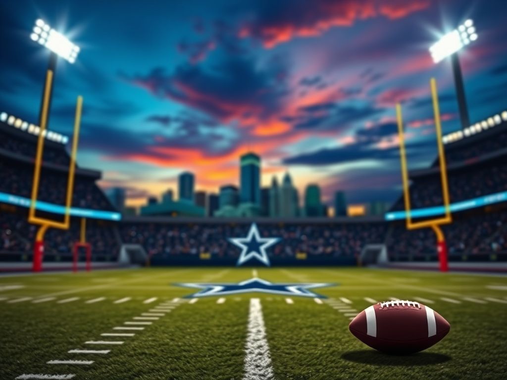 Flick International Dynamic football field scene featuring Dallas Cowboys logo under bright stadium lights