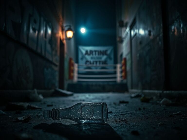 Flick International Dimly lit urban alley with broken glass bottle, symbolizing chaos and conflict