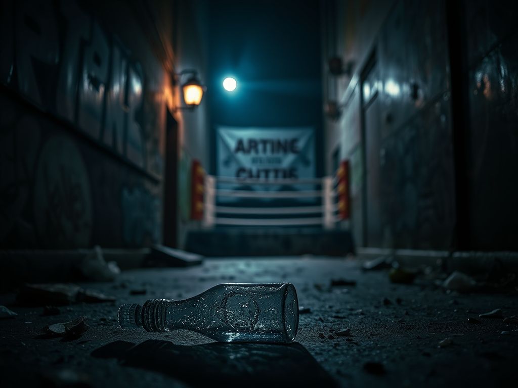 Flick International Dimly lit urban alley with broken glass bottle, symbolizing chaos and conflict