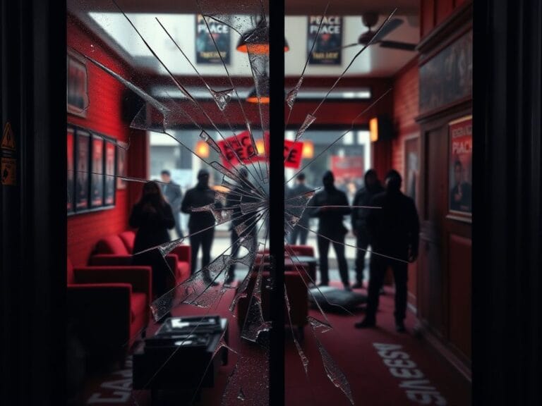 Flick International Shattered glass door symbolizing mob violence at pro-Israel gathering in Toronto