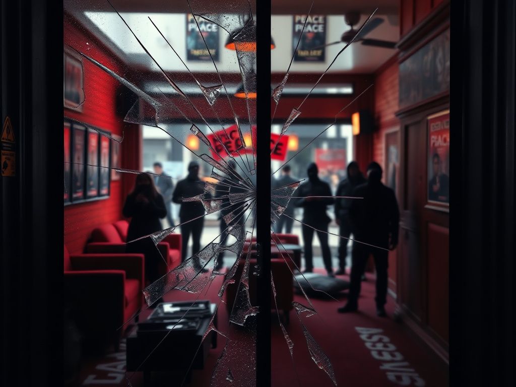 Flick International Shattered glass door symbolizing mob violence at pro-Israel gathering in Toronto