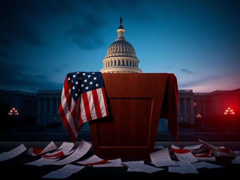 Flick International Empty podium with a faded American flag symbolizing Nancy Pelosi's political retirement