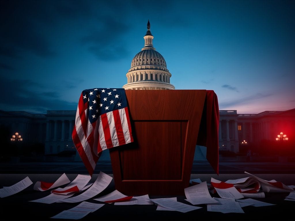 Flick International Empty podium with a faded American flag symbolizing Nancy Pelosi's political retirement