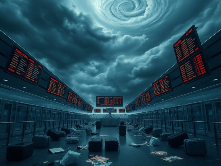 Flick International Digital artwork depicting a chaotic airport scene with empty terminal gates and delayed flight boards