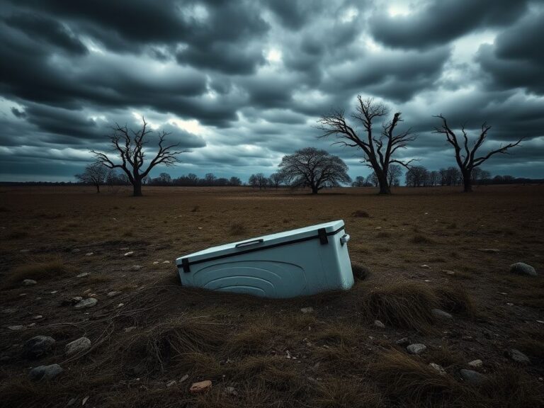 Flick International Dark rural landscape featuring a partially buried chest freezer in a cow pasture under a cloudy sky