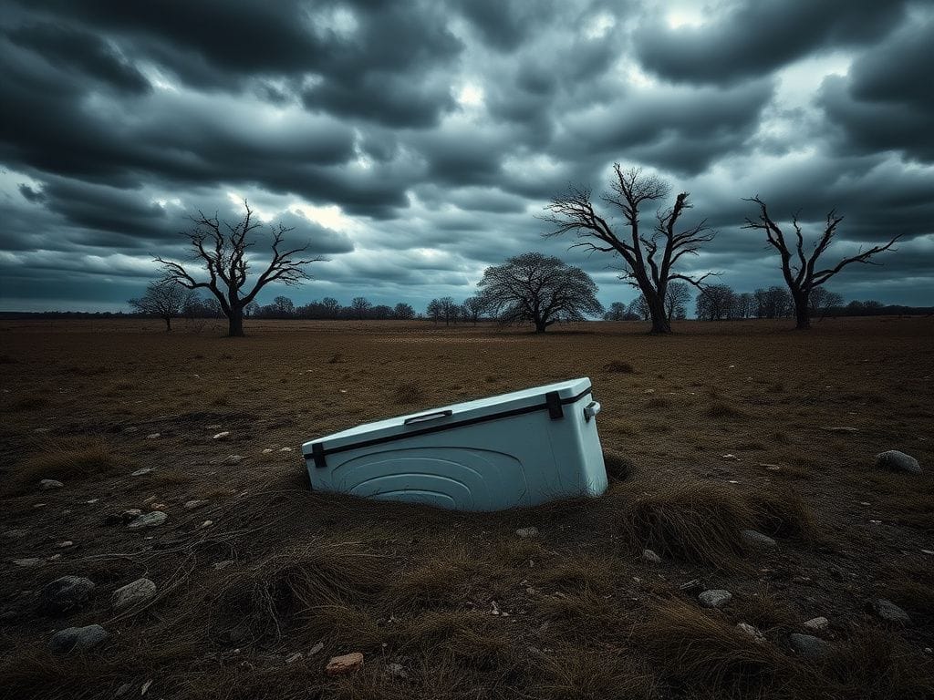 Flick International Dark rural landscape featuring a partially buried chest freezer in a cow pasture under a cloudy sky