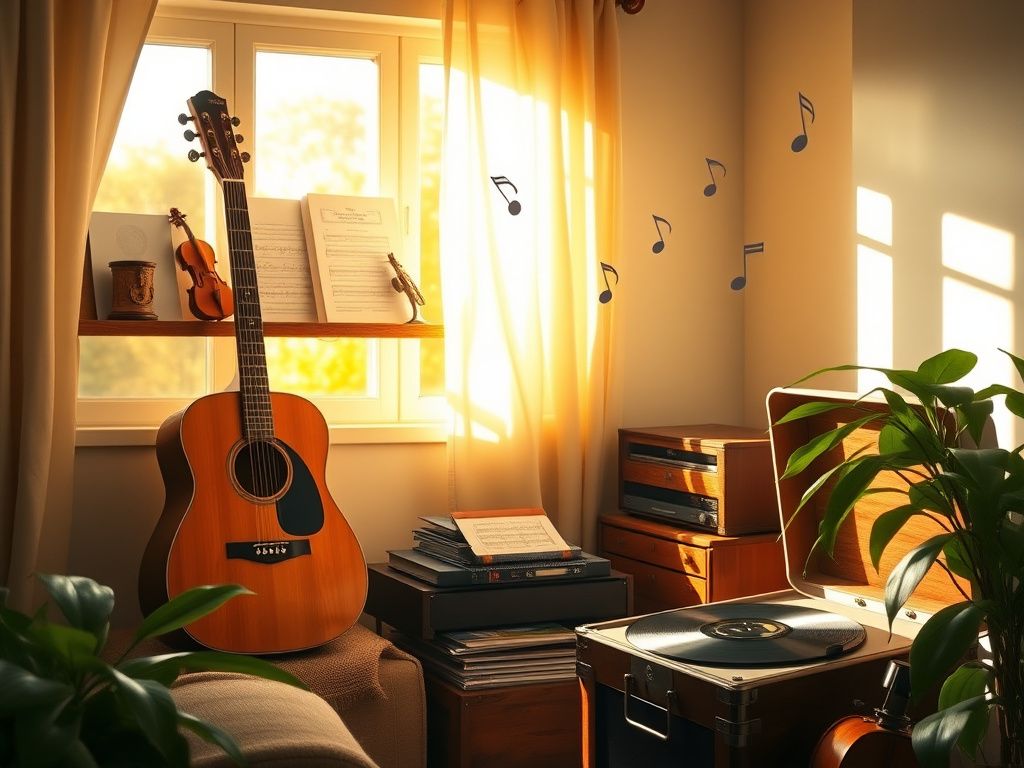 Flick International Cozy living room filled with musical instruments and a vintage record player