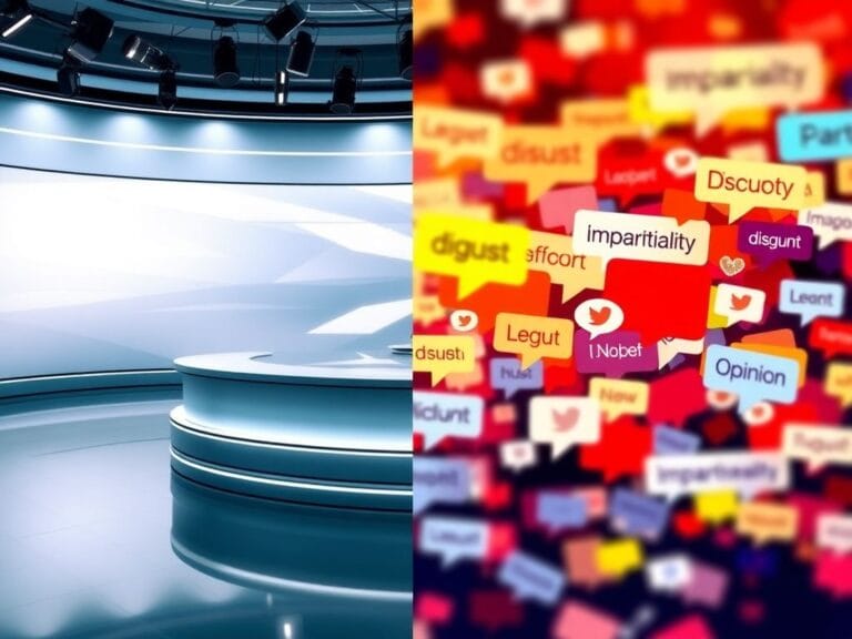 Flick International Split-screen image contrasting a modern newsroom with an abstract representation of chaotic social media reactions
