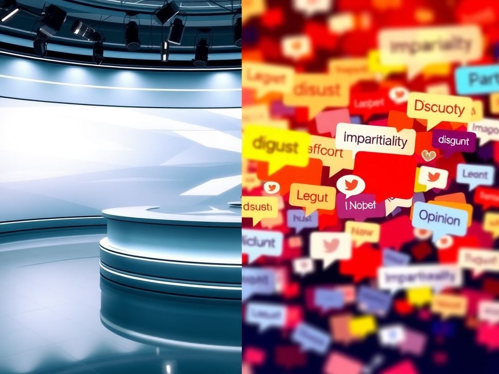 Flick International Split-screen image contrasting a modern newsroom with an abstract representation of chaotic social media reactions