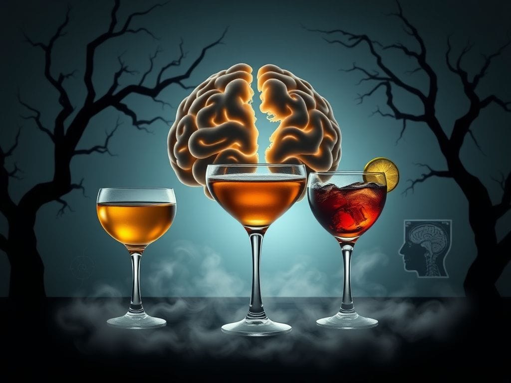 Flick International Stylized broken brain surrounded by illuminated cocktail glasses