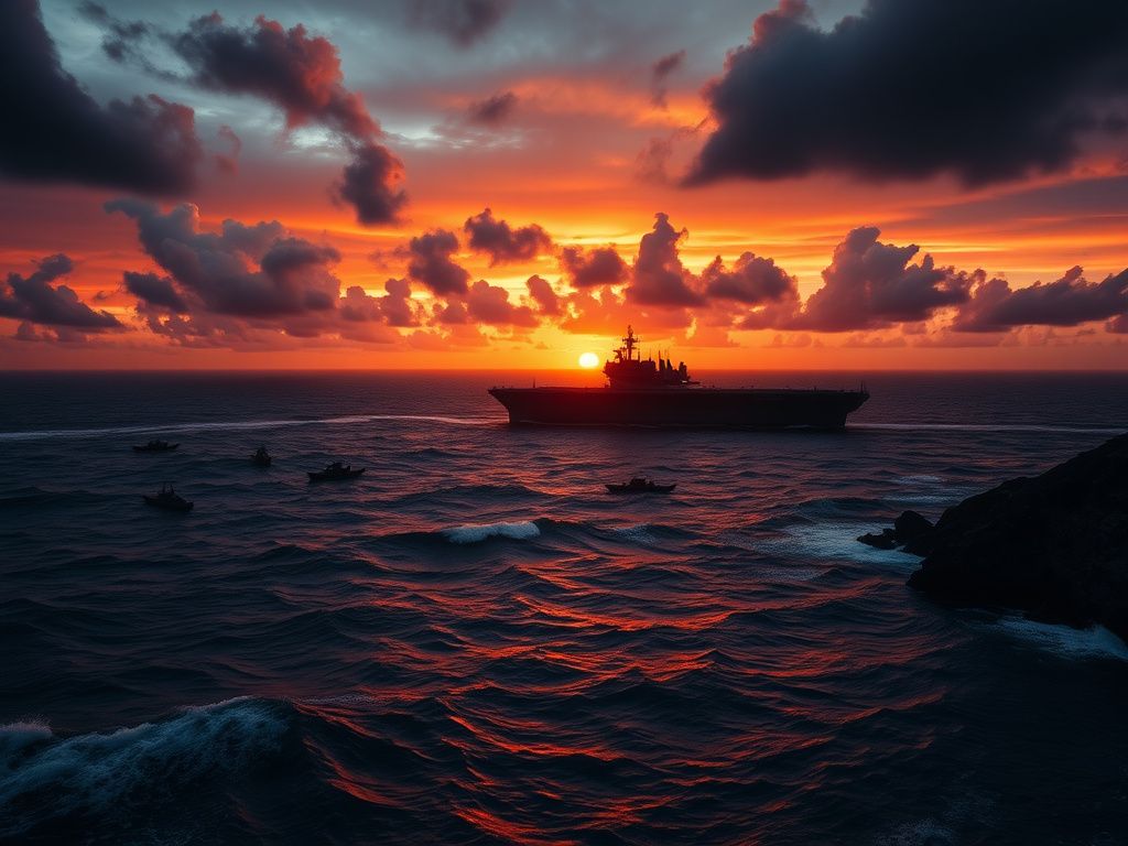 Flick International A military vessel silhouetted against a vivid Caribbean sunset where drug boats are scattered on tumultuous water.