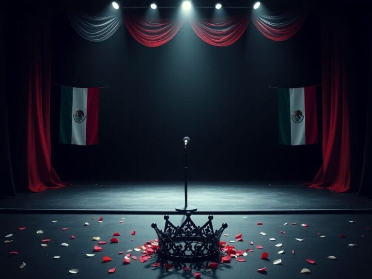 Flick International A dramatic pageant stage featuring the Mexican flag colors and a solitary microphone symbolizing Miss Mexico's voice.