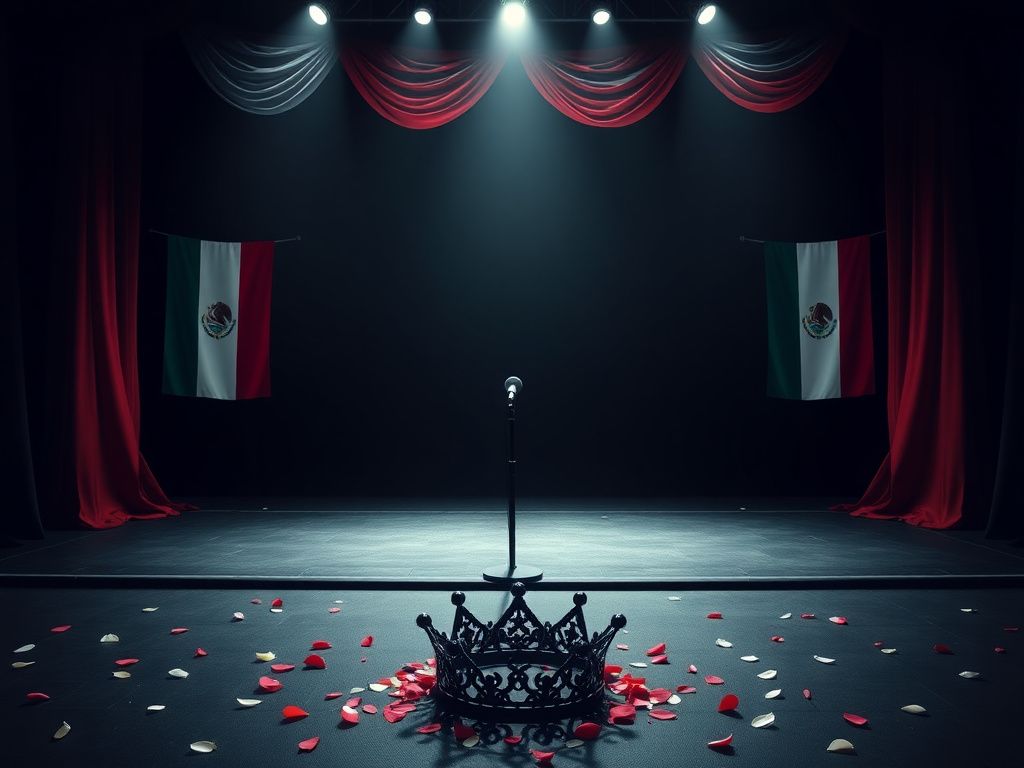 Flick International A dramatic pageant stage featuring the Mexican flag colors and a solitary microphone symbolizing Miss Mexico's voice.