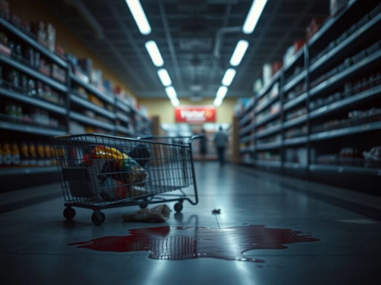 Flick International Dimly lit Walmart aisle with tipped shopping cart and blood-stained floor after stabbing incident