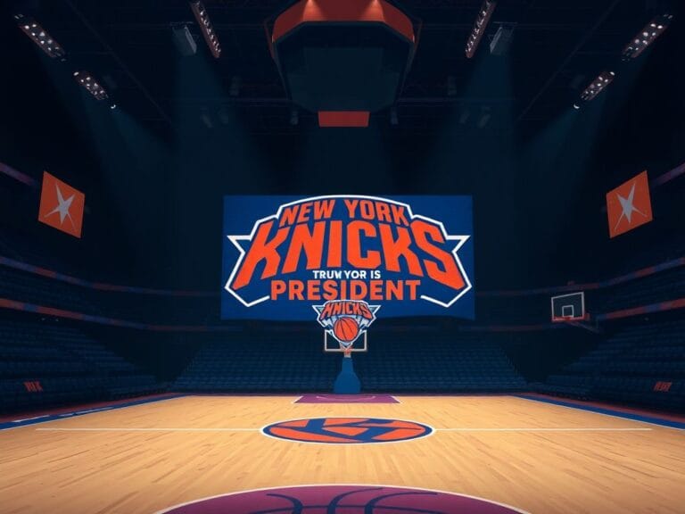 Flick International Digital illustration of an altered New York Knicks logo reading 'Trump Is Your President' on a basketball court