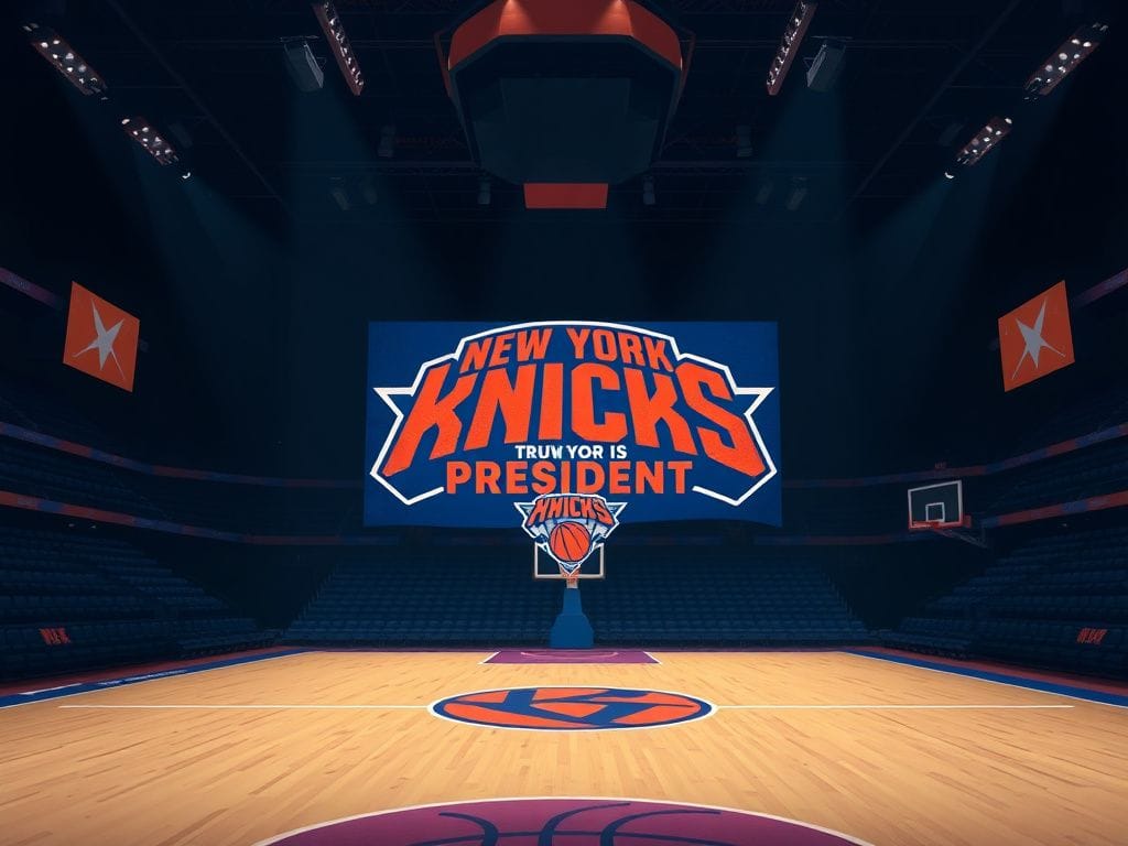 Flick International Digital illustration of an altered New York Knicks logo reading 'Trump Is Your President' on a basketball court