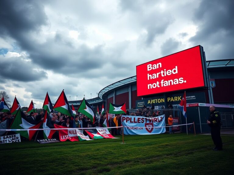 Flick International Tense scene outside a soccer stadium with Palestinian flags and banners during protests at Aston Villa Park.